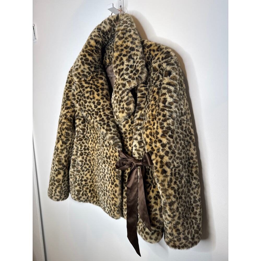 Vintage 2000s Leopard Faux Fur Wrap Coat Jacket With Side Ribbon Tie Large - Picture 7 of 16